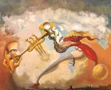A surreal scene with figures and musical instruments by Thomas Diffley, oil on canvas, offered Aug 2024