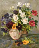 Roses and pansies in a vase by Alexandre Maximenko, oil on canvas, offered Aug 2024