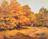 Figures walking on a woodland path by Viktor Dovbenko, oil on canvas, offered Aug 2024