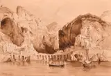 Italian, an Italian harbour with a monastery beneath cliffs, sepia watercolour by Giovanni Giordano Lanza, watercolour, offered Aug 2024