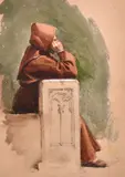 Study of a monk seated on a stone bench by Clarkson Frederick Stanfield, pencil and watercolour, offered Aug 2024