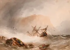 A capsized boat approaching a rocky coastline in rough seas by Joseph Newington Carter, watercolour, offered Aug 2024