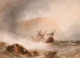A capsized boat approaching a rocky coastline in rough seas by Joseph Newington Carter, watercolour, offered Aug 2024