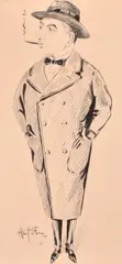 An ink drawing of a gentleman in a bow tie and long coat smoking a by Alan Stern, ink, offered Aug 2024