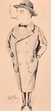 An ink drawing of a gentleman in a bow tie and long coat smoking a by Alan Stern, ink, offered Aug 2024