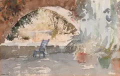 A Continental balcony scene with a blue chair by Francis Russell Flint, watercolour, offered Aug 2024