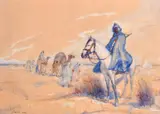 A North African figure on horseback guarding a train of camels by John Delisle Parker, watercolour and bodycolour, offered Aug 2024