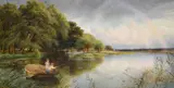 Children fishing from a boat amongst reeds with a double rainbow in by Charles James Lewis, watercolour, offered Aug 2024