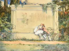 Young lovers in embrace sat by a classical by Alexander Brantingham Simpson, watercolour, offered Aug 2024
