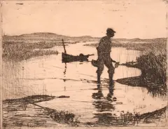 American, a fisherman wading in shallow waters by a boat by Frank Weston Benson, etching, offered Aug 2024