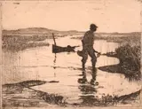 American, a fisherman wading in shallow waters by a boat by Frank Weston Benson, etching, offered Aug 2024