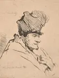 German, After Rembrandt, a head study, engraving, plate size 3.5" x 2.75" (9 x 7cm), unframed by Georg Friedrich Schmidt, engraving, offered Aug 2024
