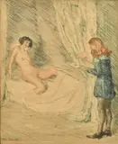 German, a reclining female nude and another figure by Otto Goetze, etching and aquatint, offered Aug 2024