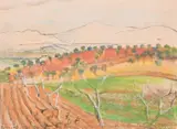 An alpine view over trees by Rudolf Helmut Sauter, 1957, pastel, offered Aug 2024