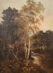 A wooded river landscape with a shallow waterfall by Melville Allan, oil on canvas, sold Jul 2024