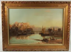 GIVET, FRANCE, with barges and sailing boats, fisherfolk in the foreground by James Webb, oil, sold Jul 2024