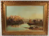 GIVET, FRANCE, with barges and sailing boats, fisherfolk in the foreground by James Webb, oil, sold Jul 2024