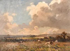 Cattle feeding in a landscape under changing skies by Wycliffe Egginton, oil on canvas, sold Jul 2024
