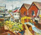 Building the Storm Pipes on Berea Road, Durban by Kathleen Winifred Anderson, oil on board, sold Feb 2023