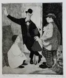 Monochrome etching - three clowns in conversation by John Vivian Roberts, 1950, etching, sold Feb 2023