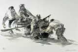 Colour print - four fisherman manouevering a rowing boat by William Selwyn limited edition, print, sold Dec 2022