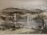 Menai Straits Suspension Bridge and snow covered mountains beyond by William Selwyn coloured limited edition print, print, sold Nov 2022
