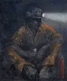 Print - sitting miner taking a break with thermos flask by Valerie Ganz artists proof, print, sold Nov 2022