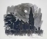 Print - moonlit Anglesey Church by Kyffin Williams Ra limited edition, print, sold Nov 2022