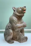 seated with open mouth revealing painted details, painted by Swiss 'black Forest' Lindenwood Bear, sculpture, sold Nov 2022