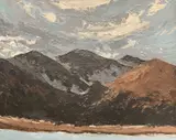 Moody' mountain scene, unsigned, 40 x 50cms by Th Century oil on board, oil on board, sold Nov 2022