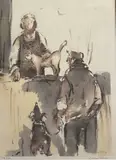 Sgwrsio' lady and gent chatting over a wall by William Selwyn limited edition print, print, sold Nov 2022