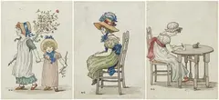 Girl & infant with flower branches, Girl seated on a chair, all signed with initials, c by Kate Greenaway, watercolor, sold Oct 2022