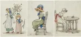 Girl & infant with flower branches, Girl seated on a chair, all signed with initials, c by Kate Greenaway, watercolor, sold Oct 2022