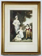 Coloured mezzotint - mother watching her children at play by John Cother Webb, pencil, offered Oct 2022
