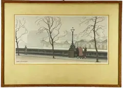Woodblock print - figures in conversation in winter on the by Yoshio Markino, print, sold Oct 2022