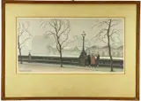 Woodblock print - figures in conversation in winter on the by Yoshio Markino, print, sold Oct 2022
