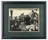 Monochrome engraving - farmworkers with steam engine by Clare Leighton, engraving, sold Oct 2022