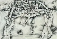pencil - four figures holding up a frame of branches, entitled by David Breuer-Weil, pencil, sold Oct 2022