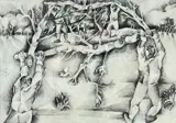 pencil - four figures holding up a frame of branches, entitled by David Breuer-Weil, pencil, sold Oct 2022