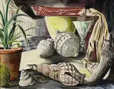 Wine glass and plant by John Lawrence, 1948, mixed media, sold Aug 2022