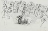 Graphite on paper - entitled verso on Albany Gallery label 'The Ram Sale at by Keith Bowen, 1989, oil, sold Aug 2022