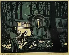 Woodblock print - figures and two Romany caravans by Eric Hesketh Hubbard, print, sold Aug 2022