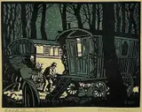 Woodblock print - figures and two Romany caravans by Eric Hesketh Hubbard, print, sold Aug 2022