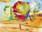 Red Tree by June Redfern, 1996, watercolour, offered Aug 2022