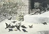 Coloured engraving - cats and garden birds by Louis Wain, engraving, sold Aug 2022