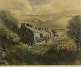 Print - landscape with cottages and figures by Keith Andrew Rca coloured limited edition, print, offered Aug 2022