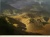 Print - landscape of Llyn Llydaw by David Woodford coloured limited edition, print, sold Aug 2022