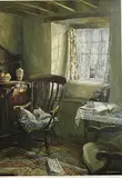 Print - interior scene with old Windsor chair by Keith Andrew Rca coloured limited edition, 1988, print, offered Aug 2022