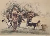Print - sheepdogs and their handlers at trials by Ros Goody coloured limited edition, print, offered Aug 2022