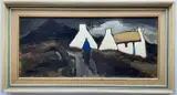 Figure in blue coat on road by Markey Robinson, oil on board, offered Jul 2022